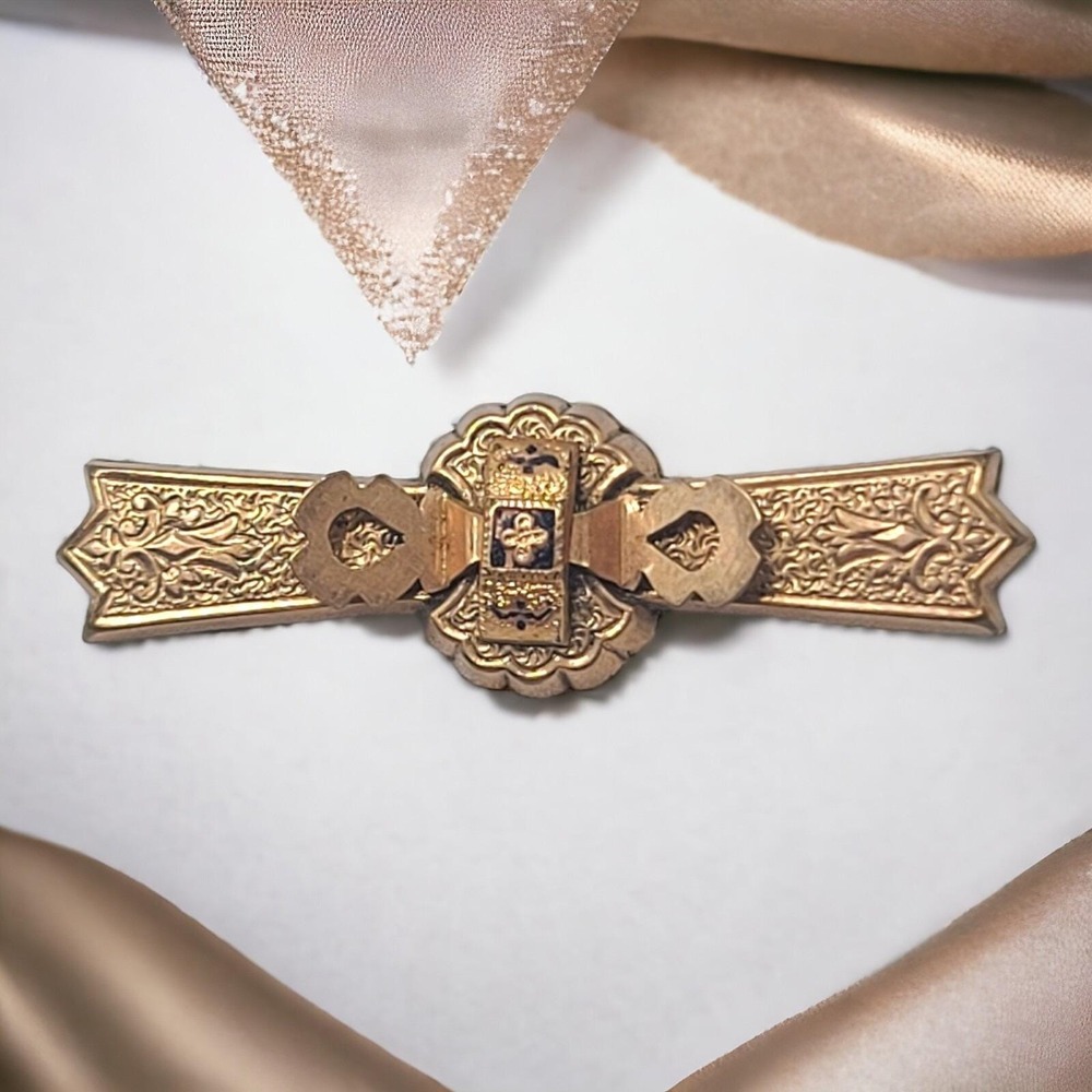 Antique Victorian Gold Filled Bar Brooch Pin Ornate Enameled